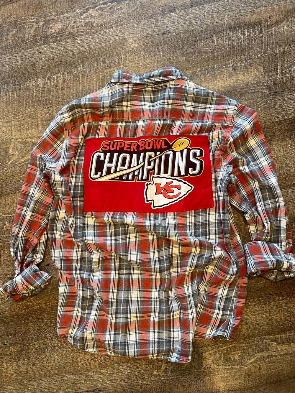 Kansas City Chiefs Upcycled Red, Gray & White Plaid Button-Down Flannel Shirt